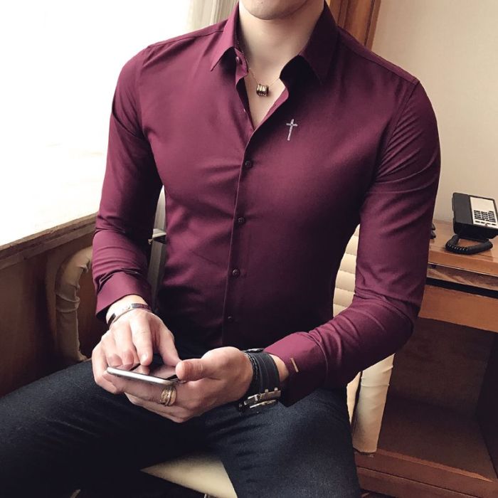 Burgundy dress shirt mens outfit